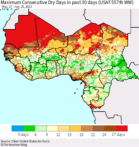 Western Africa Maximum Consecutive Dry Days in past 30 days (USAF 557th WW) 06/25/2023 Thematic Map For 6/21/2023 - 6/25/2023