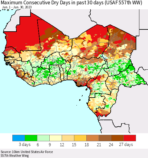 Western Africa Maximum Consecutive Dry Days in past 30 days (USAF 557th WW) 06/30/2023 Thematic Map For 6/26/2023 - 6/30/2023