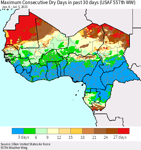 Western Africa Maximum Consecutive Dry Days in past 30 days (USAF 557th WW) 07/05/2023 Thematic Map For 7/1/2023 - 7/5/2023