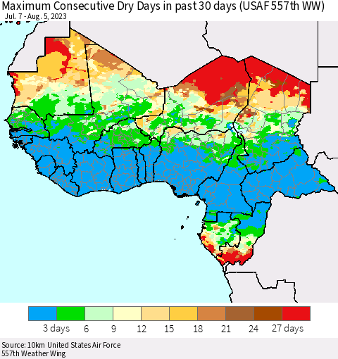 Western Africa Maximum Consecutive Dry Days in past 30 days (USAF 557th WW) 08/05/2023 Thematic Map For 8/1/2023 - 8/5/2023