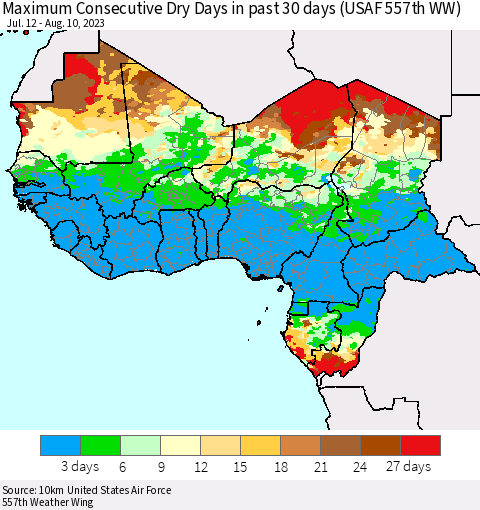 Western Africa Maximum Consecutive Dry Days in past 30 days (USAF 557th WW) 08/10/2023 Thematic Map For 8/6/2023 - 8/10/2023