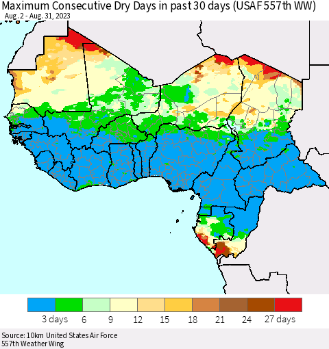 Western Africa Maximum Consecutive Dry Days in past 30 days (USAF 557th WW) 08/31/2023 Thematic Map For 8/26/2023 - 8/31/2023