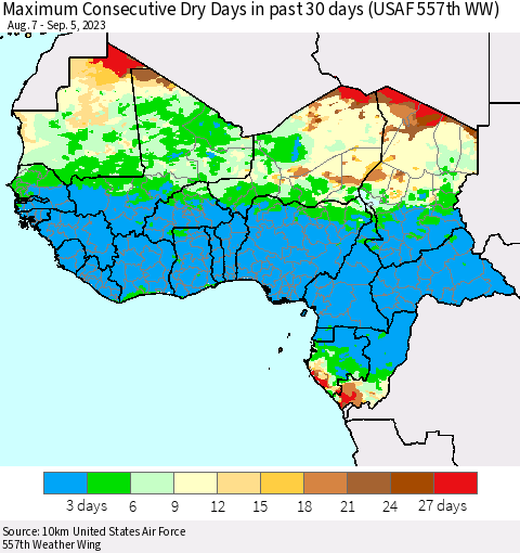 Western Africa Maximum Consecutive Dry Days in past 30 days (USAF 557th WW) 09/05/2023 Thematic Map For 9/1/2023 - 9/5/2023