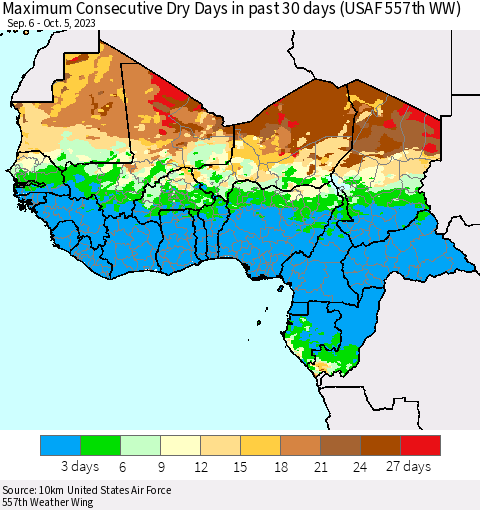 Western Africa Maximum Consecutive Dry Days in past 30 days (USAF 557th WW) 10/05/2023 Thematic Map For 10/1/2023 - 10/5/2023