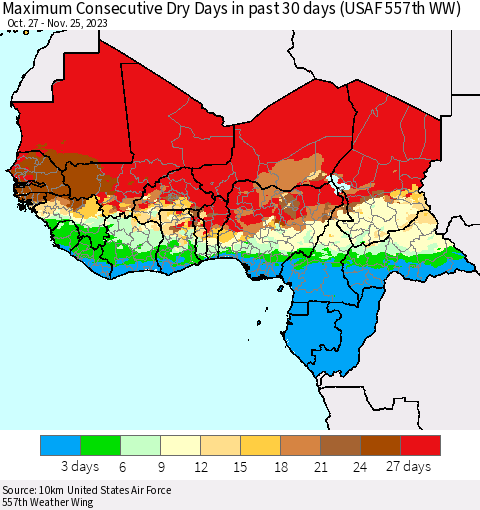 Western Africa Maximum Consecutive Dry Days in past 30 days (USAF 557th WW) 11/25/2023 Thematic Map For 11/21/2023 - 11/25/2023