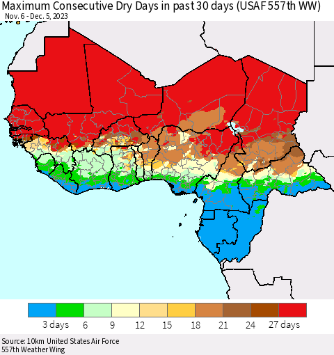 Western Africa Maximum Consecutive Dry Days in past 30 days (USAF 557th WW) 12/05/2023 Thematic Map For 12/1/2023 - 12/5/2023