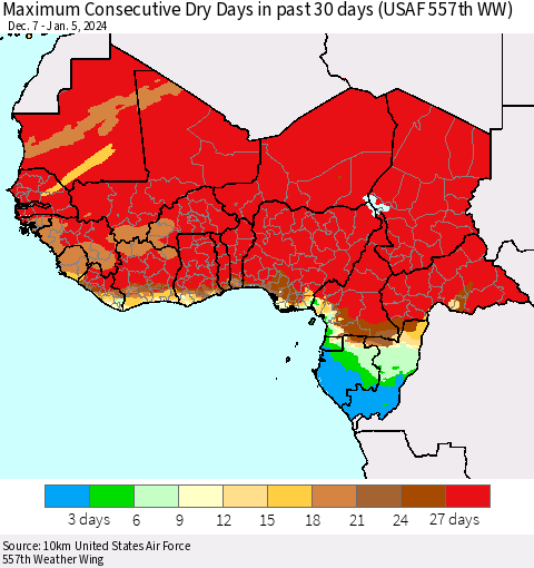 Western Africa Maximum Consecutive Dry Days in past 30 days (USAF 557th WW) 01/05/2024 Thematic Map For 1/1/2024 - 1/5/2024