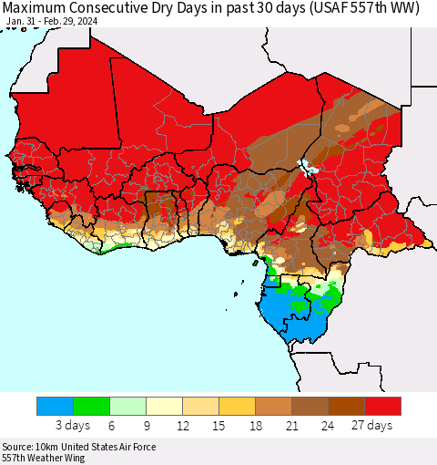 Western Africa Maximum Consecutive Dry Days in past 30 days (USAF 557th WW) 02/29/2024 Thematic Map For 2/26/2024 - 2/29/2024