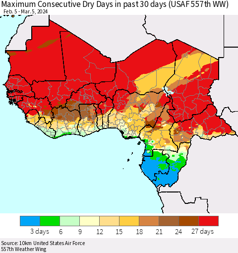 Western Africa Maximum Consecutive Dry Days in past 30 days (USAF 557th WW) 03/05/2024 Thematic Map For 3/1/2024 - 3/5/2024