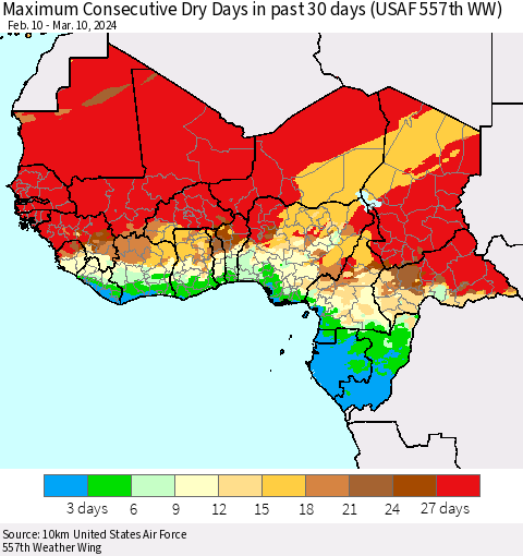 Western Africa Maximum Consecutive Dry Days in past 30 days (USAF 557th WW) 03/10/2024 Thematic Map For 3/6/2024 - 3/10/2024