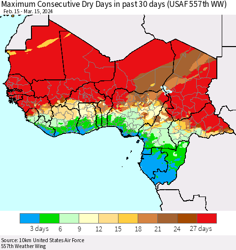Western Africa Maximum Consecutive Dry Days in past 30 days (USAF 557th WW) 03/15/2024 Thematic Map For 3/11/2024 - 3/15/2024