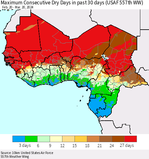 Western Africa Maximum Consecutive Dry Days in past 30 days (USAF 557th WW) 03/20/2024 Thematic Map For 3/16/2024 - 3/20/2024