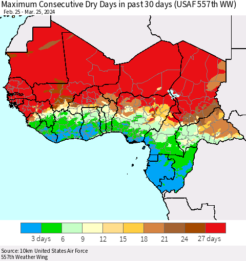 Western Africa Maximum Consecutive Dry Days in past 30 days (USAF 557th WW) 03/25/2024 Thematic Map For 3/21/2024 - 3/25/2024