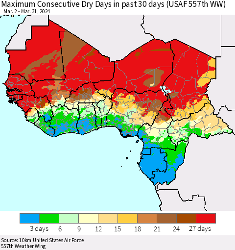 Western Africa Maximum Consecutive Dry Days in past 30 days (USAF 557th WW) 03/31/2024 Thematic Map For 3/26/2024 - 3/31/2024