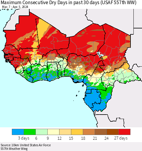 Western Africa Maximum Consecutive Dry Days in past 30 days (USAF 557th WW) 04/05/2024 Thematic Map For 4/1/2024 - 4/5/2024
