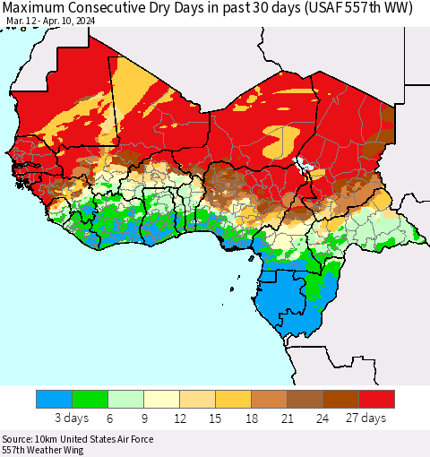 Western Africa Maximum Consecutive Dry Days in past 30 days (USAF 557th WW) 04/10/2024 Thematic Map For 4/6/2024 - 4/10/2024