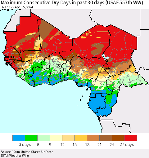 Western Africa Maximum Consecutive Dry Days in past 30 days (USAF 557th WW) 04/15/2024 Thematic Map For 4/11/2024 - 4/15/2024