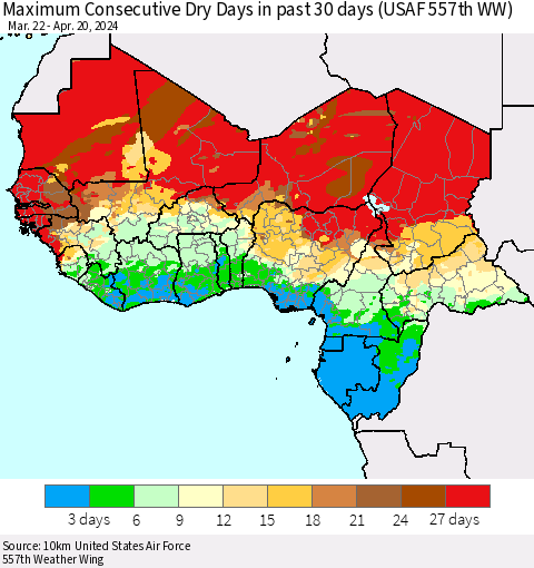 Western Africa Maximum Consecutive Dry Days in past 30 days (USAF 557th WW) 04/20/2024 Thematic Map For 4/16/2024 - 4/20/2024