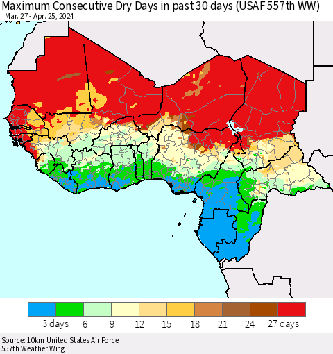 Western Africa Maximum Consecutive Dry Days in past 30 days (USAF 557th WW) 04/25/2024 Thematic Map For 4/21/2024 - 4/25/2024