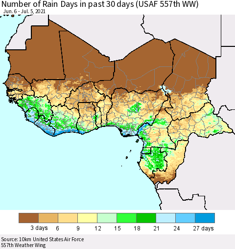 Western Africa Number of Rain Days in past 30 days (USAF 557th WW) 07/05/2021 Thematic Map For 7/1/2021 - 7/5/2021
