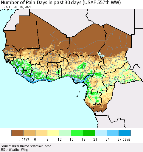 Western Africa Number of Rain Days in past 30 days (USAF 557th WW) 07/10/2021 Thematic Map For 7/6/2021 - 7/10/2021