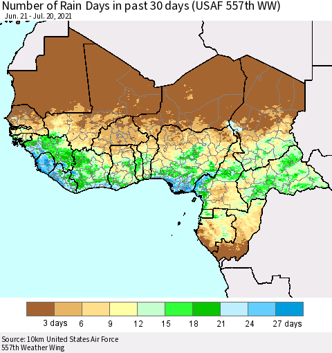 Western Africa Number of Rain Days in past 30 days (USAF 557th WW) 07/20/2021 Thematic Map For 7/16/2021 - 7/20/2021