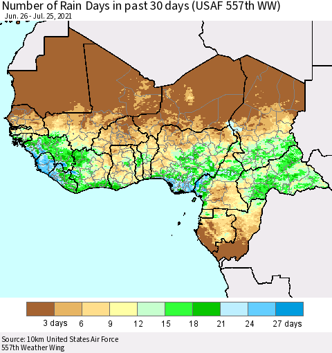 Western Africa Number of Rain Days in past 30 days (USAF 557th WW) 07/25/2021 Thematic Map For 7/21/2021 - 7/25/2021