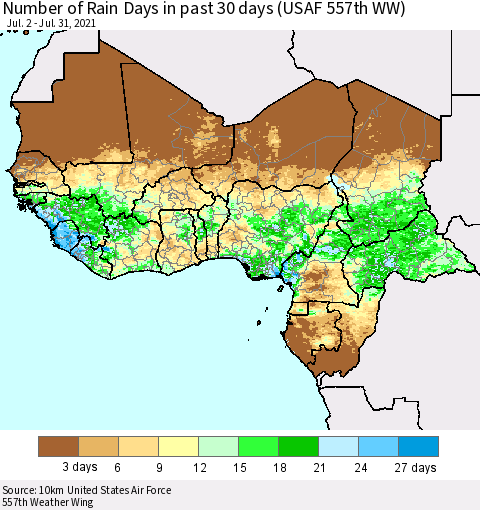 Western Africa Number of Rain Days in past 30 days (USAF 557th WW) 07/31/2021 Thematic Map For 7/26/2021 - 7/31/2021