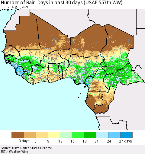 Western Africa Number of Rain Days in past 30 days (USAF 557th WW) 08/05/2021 Thematic Map For 8/1/2021 - 8/5/2021