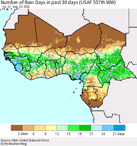 Western Africa Number of Rain Days in past 30 days (USAF 557th WW) 08/10/2021 Thematic Map For 8/6/2021 - 8/10/2021
