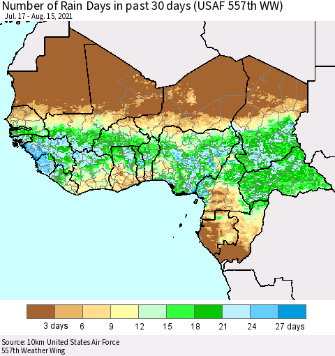 Western Africa Number of Rain Days in past 30 days (USAF 557th WW) 08/15/2021 Thematic Map For 8/11/2021 - 8/15/2021