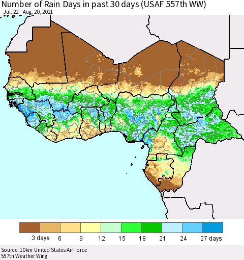 Western Africa Number of Rain Days in past 30 days (USAF 557th WW) 08/20/2021 Thematic Map For 8/16/2021 - 8/20/2021