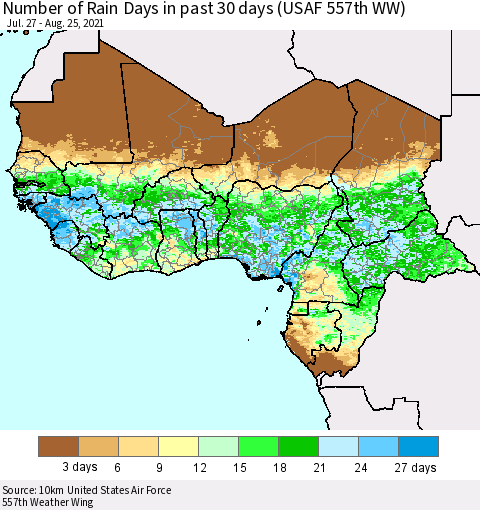 Western Africa Number of Rain Days in past 30 days (USAF 557th WW) 08/25/2021 Thematic Map For 8/21/2021 - 8/25/2021