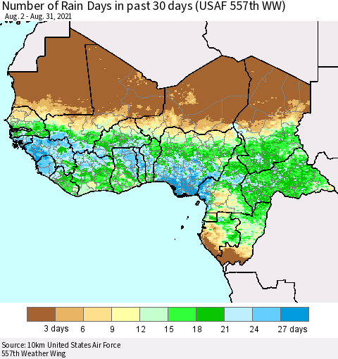 Western Africa Number of Rain Days in past 30 days (USAF 557th WW) 08/31/2021 Thematic Map For 8/26/2021 - 8/31/2021