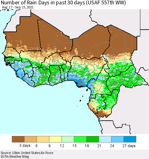 Western Africa Number of Rain Days in past 30 days (USAF 557th WW) 09/15/2021 Thematic Map For 9/11/2021 - 9/15/2021