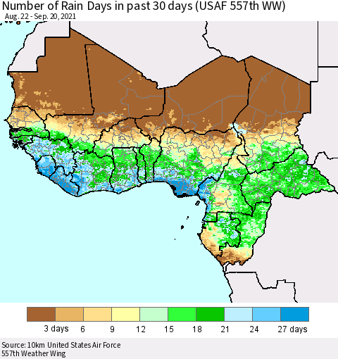 Western Africa Number of Rain Days in past 30 days (USAF 557th WW) 09/20/2021 Thematic Map For 9/16/2021 - 9/20/2021