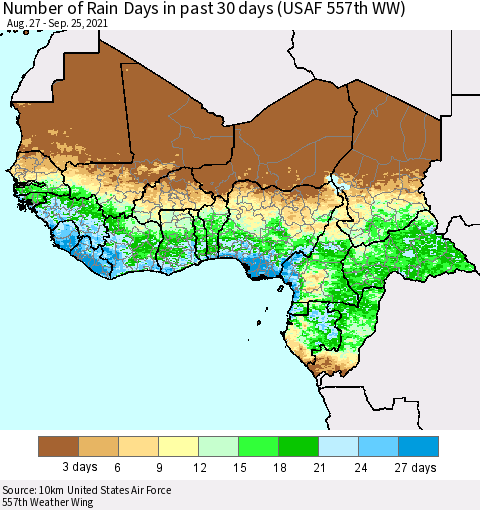 Western Africa Number of Rain Days in past 30 days (USAF 557th WW) 09/25/2021 Thematic Map For 9/21/2021 - 9/25/2021