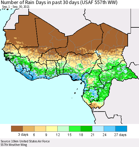 Western Africa Number of Rain Days in past 30 days (USAF 557th WW) 09/30/2021 Thematic Map For 9/26/2021 - 9/30/2021