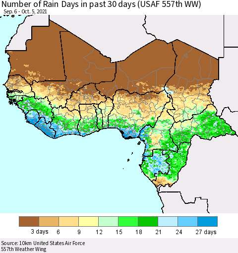 Western Africa Number of Rain Days in past 30 days (USAF 557th WW) 10/05/2021 Thematic Map For 10/1/2021 - 10/5/2021