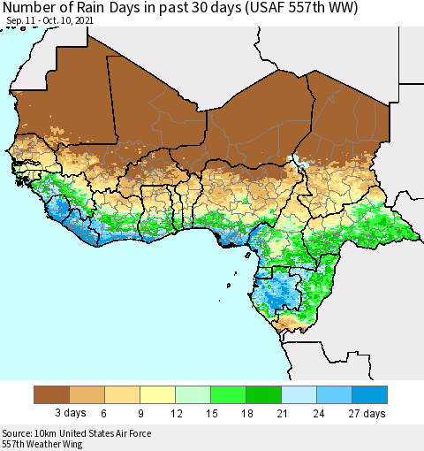 Western Africa Number of Rain Days in past 30 days (USAF 557th WW) 10/10/2021 Thematic Map For 10/6/2021 - 10/10/2021