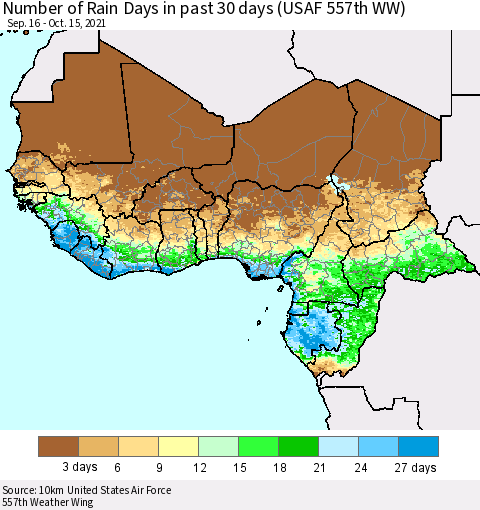 Western Africa Number of Rain Days in past 30 days (USAF 557th WW) 10/15/2021 Thematic Map For 10/11/2021 - 10/15/2021