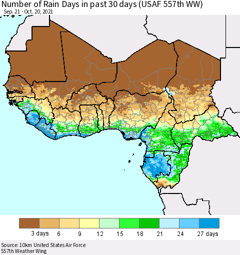 Western Africa Number of Rain Days in past 30 days (USAF 557th WW) 10/20/2021 Thematic Map For 10/16/2021 - 10/20/2021