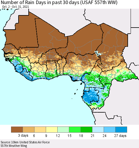 Western Africa Number of Rain Days in past 30 days (USAF 557th WW) 10/31/2021 Thematic Map For 10/26/2021 - 10/31/2021