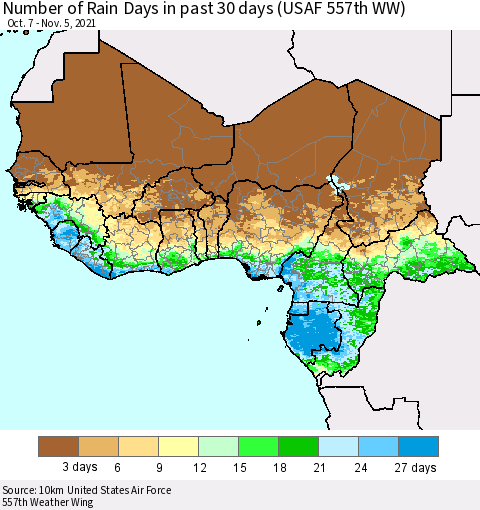 Western Africa Number of Rain Days in past 30 days (USAF 557th WW) 11/05/2021 Thematic Map For 11/1/2021 - 11/5/2021