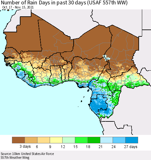Western Africa Number of Rain Days in past 30 days (USAF 557th WW) 11/15/2021 Thematic Map For 11/11/2021 - 11/15/2021