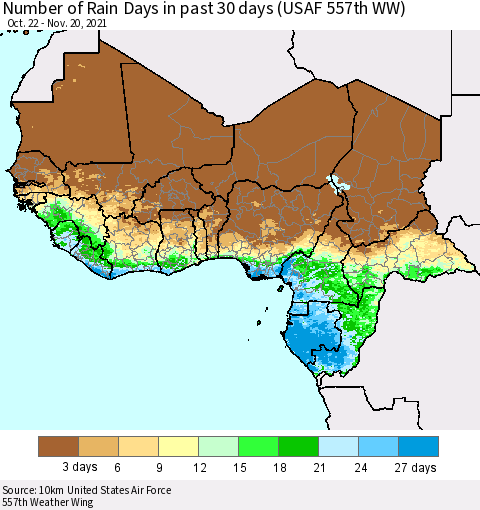 Western Africa Number of Rain Days in past 30 days (USAF 557th WW) 11/20/2021 Thematic Map For 11/16/2021 - 11/20/2021