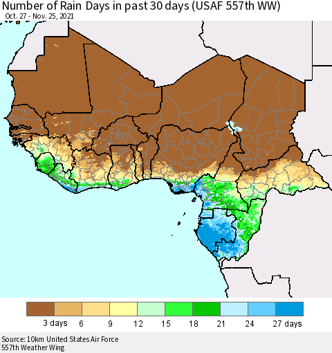 Western Africa Number of Rain Days in past 30 days (USAF 557th WW) 11/25/2021 Thematic Map For 11/21/2021 - 11/25/2021