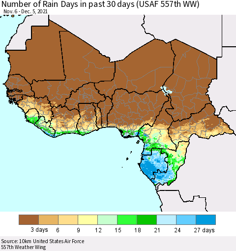 Western Africa Number of Rain Days in past 30 days (USAF 557th WW) 12/05/2021 Thematic Map For 12/1/2021 - 12/5/2021