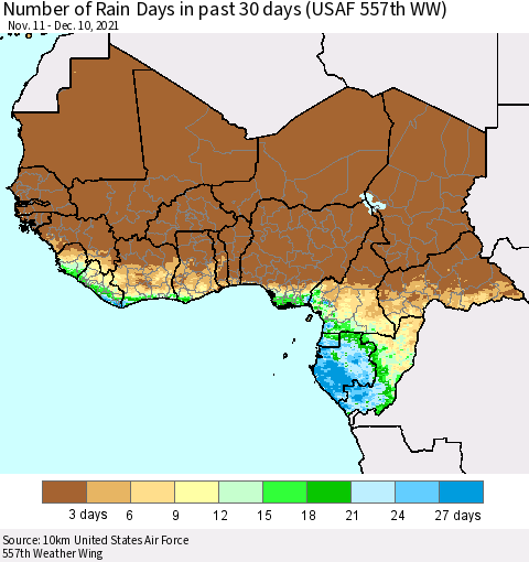 Western Africa Number of Rain Days in past 30 days (USAF 557th WW) 12/10/2021 Thematic Map For 12/6/2021 - 12/10/2021