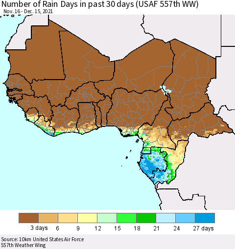 Western Africa Number of Rain Days in past 30 days (USAF 557th WW) 12/15/2021 Thematic Map For 12/11/2021 - 12/15/2021